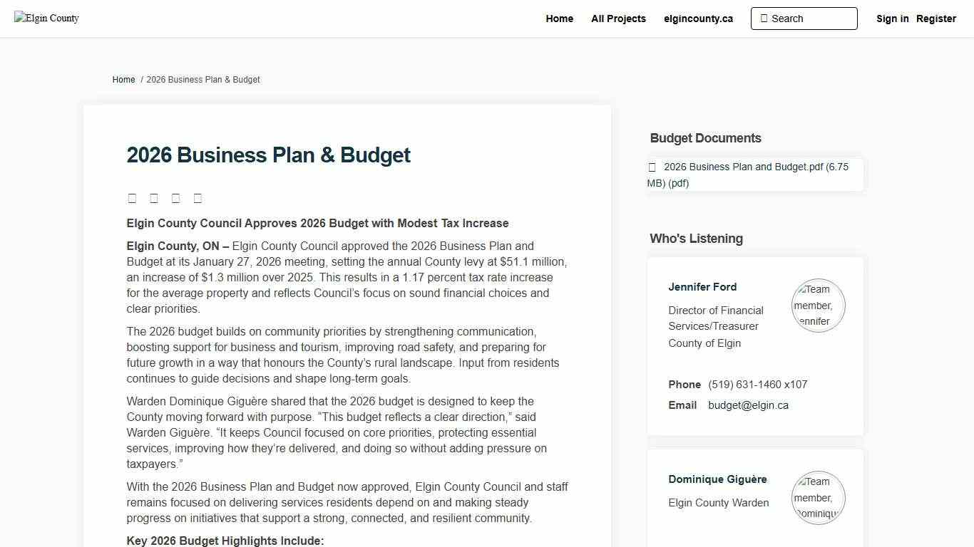2026 Business Plan & Budget Elgin County
